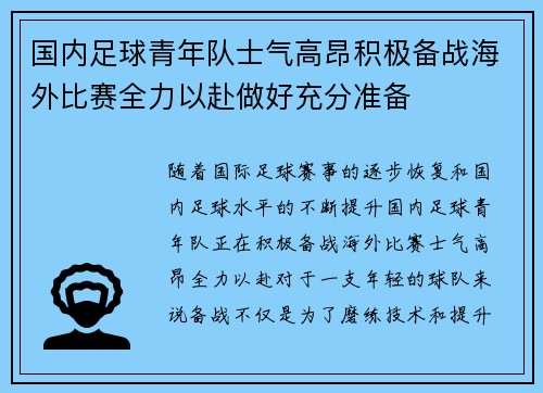 国内足球青年队士气高昂积极备战海外比赛全力以赴做好充分准备 国内足球青年队士气高昂积极备战海外比赛全力以赴做好充分准备