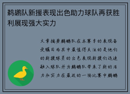 鹈鹕队新援表现出色助力球队再获胜利展现强大实力