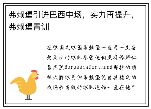 弗赖堡引进巴西中场，实力再提升，弗赖堡青训