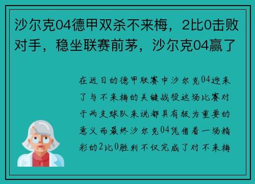 沙尔克04德甲双杀不来梅，2比0击败对手，稳坐联赛前茅，沙尔克04赢了