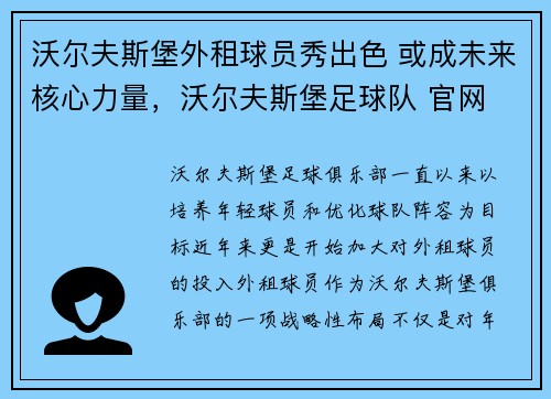 沃尔夫斯堡外租球员秀出色 或成未来核心力量，沃尔夫斯堡足球队 官网