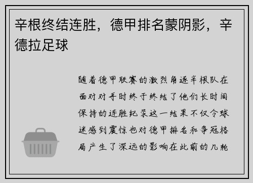 辛根终结连胜，德甲排名蒙阴影，辛德拉足球