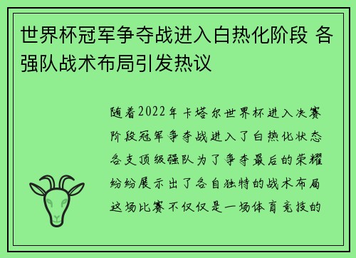 世界杯冠军争夺战进入白热化阶段 各强队战术布局引发热议