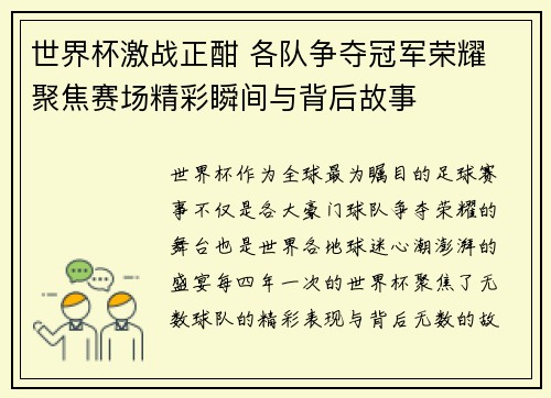 世界杯激战正酣 各队争夺冠军荣耀 聚焦赛场精彩瞬间与背后故事