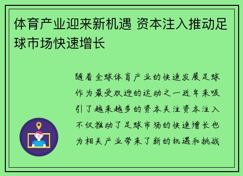 体育产业迎来新机遇 资本注入推动足球市场快速增长